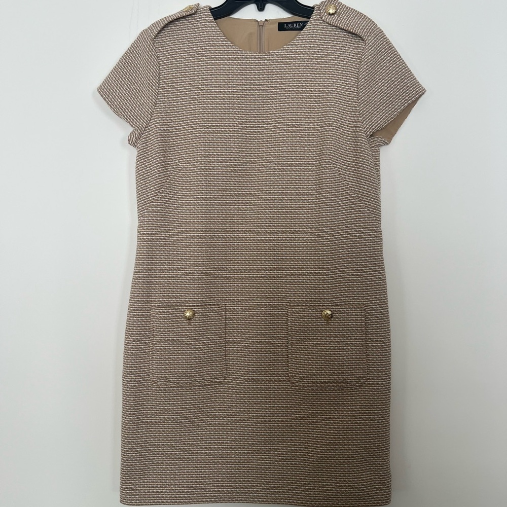 NWT  Lauren Ralph Lauren  Button-Trim Bouclé Sheath Dress Sz 12 Classic